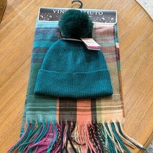 Vince Camuto Teal Beanie and Plaid Scarf Set